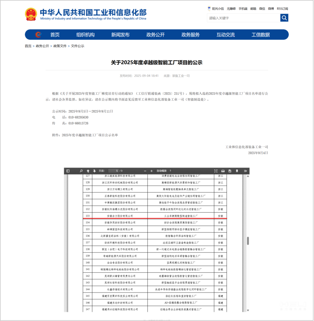 喜報(bào)！合力股份榮膺工(gōng)信部“卓越級智能(néng)工(gōng)廠(chǎng)”